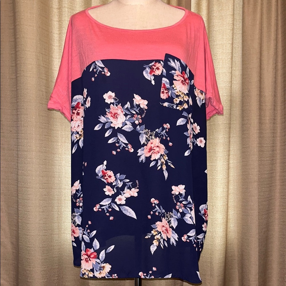 Knox Rose Pink and Navy Floral Top Womens Plus Size 3X